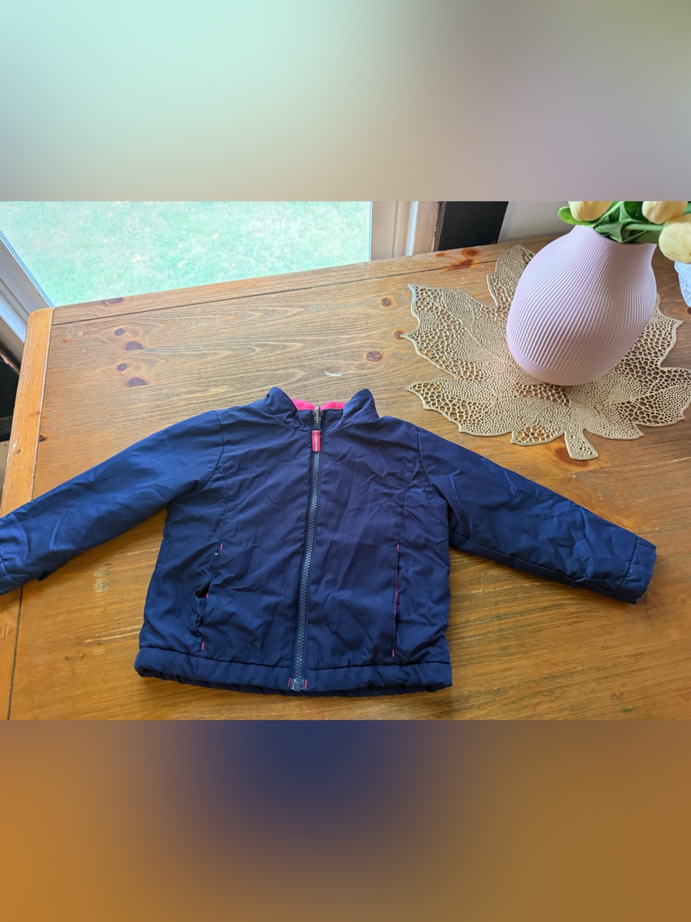 Girls' Navy Puffer Jacket with Pink Trim